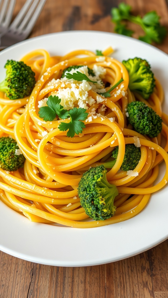 Plate of spaghetti aglio e olio with broccoli, garnished with parsley and Parmesan cheese.
